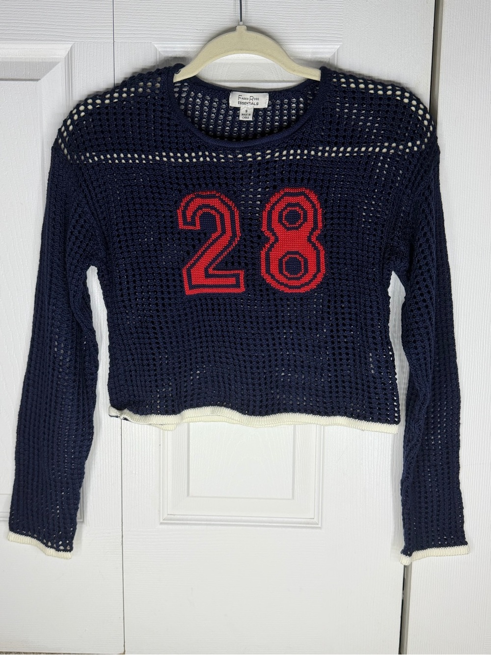 Navy Knit Cropped Sweater with Red '28' Accent